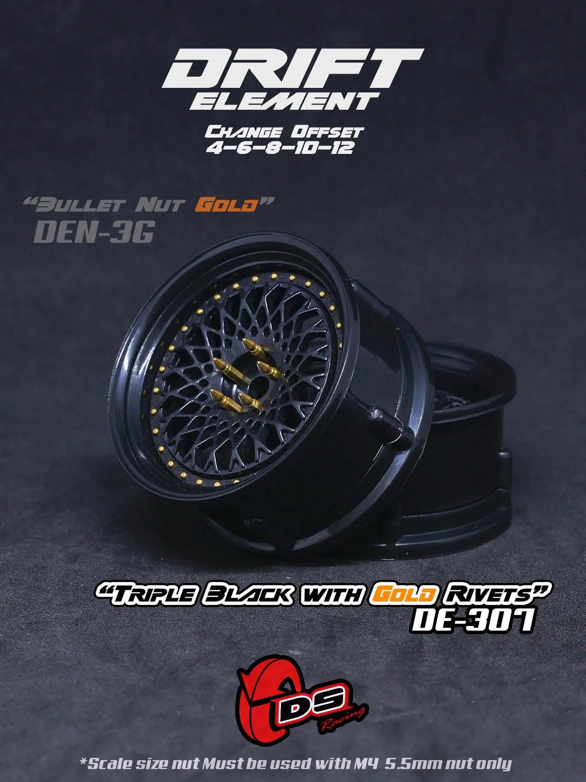 Jantes réglables Drift Element Mesh noires avec rivets or, roues de voiture de marque DS Racing.