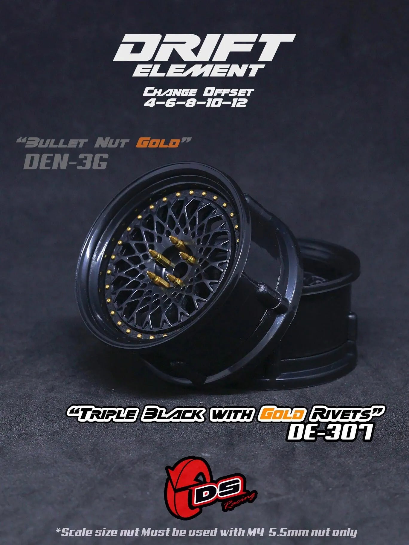 Jantes réglables Drift Element Mesh Noires/rivets Or - DS racing - DriftParadiZ