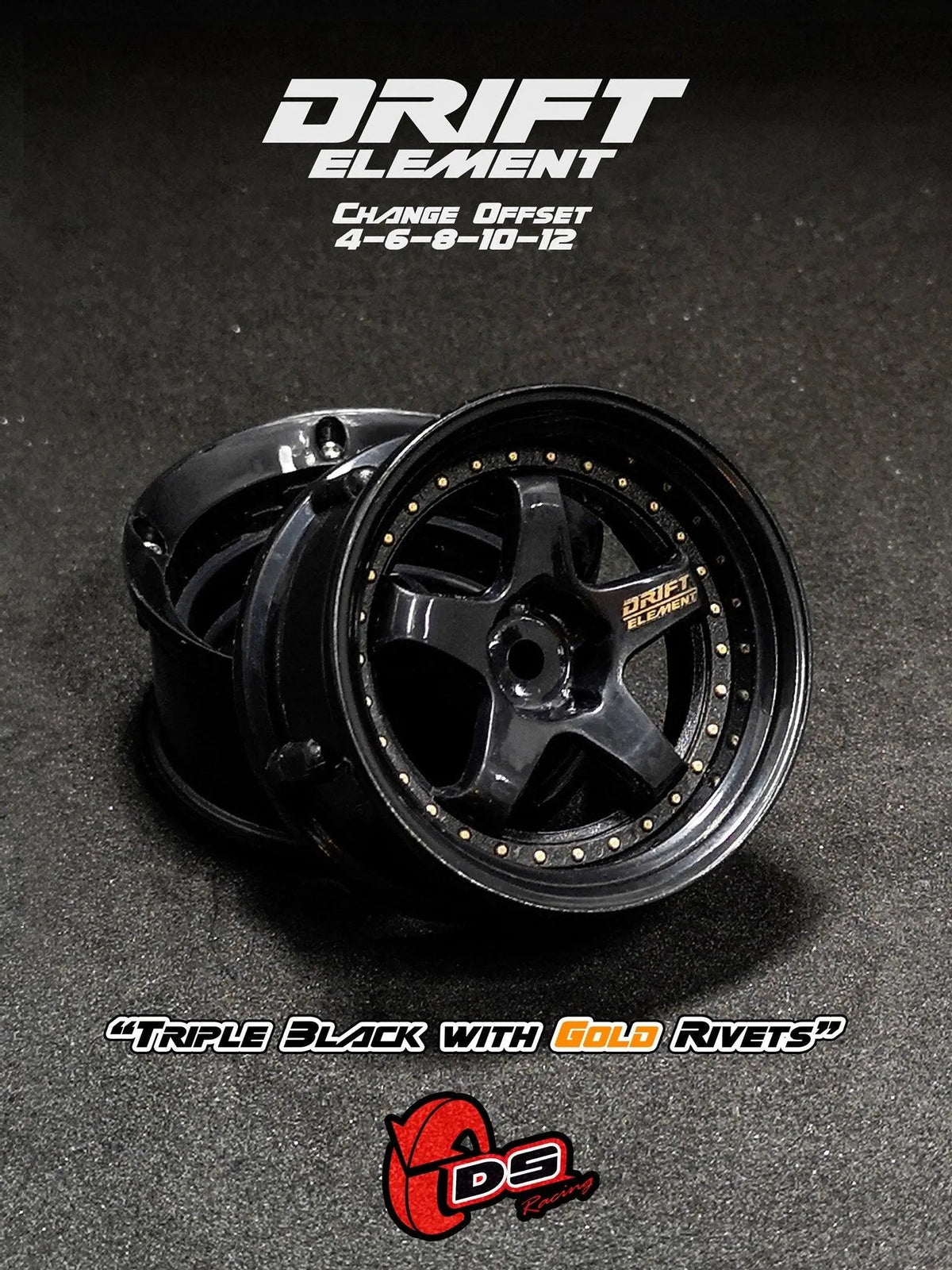 Jantes réglables Drift Element noires avec visserie dorée de la marque DS Racing, roues pour voiture de drift.