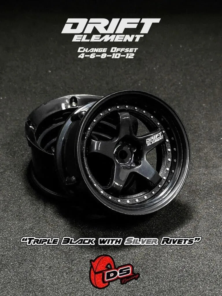 Jantes réglables DS Racing Drift Element noires avec visserie argentée, roues de drift sportives, vue rapprochée.