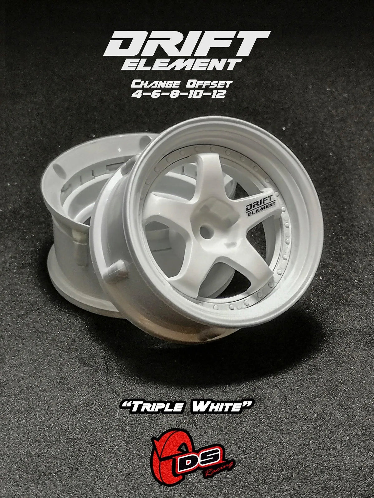 Jantes réglables Drift Elements blanches avec visserie blanche, roues de course DS Racing pour voitures de drift.