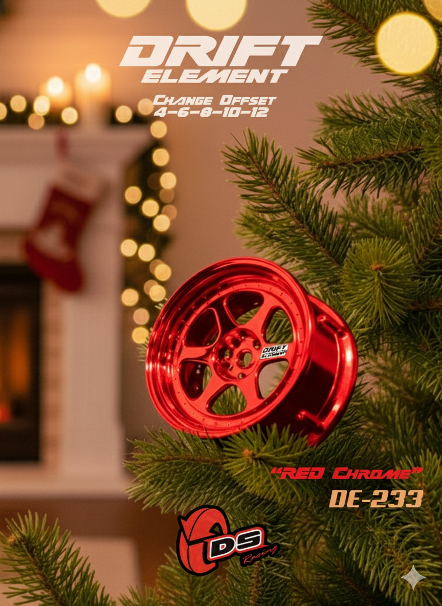Jantes réglables DS Racing Drift Elements Chrome Rouge, roues de voiture de course avec finition chromée rouge brillante.