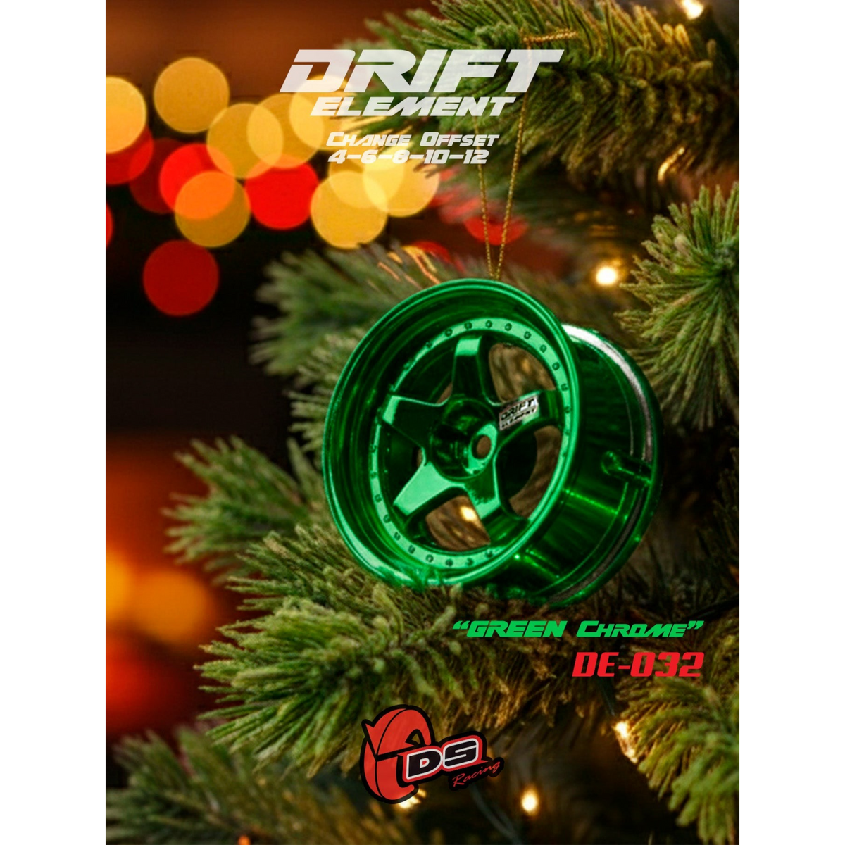 Jantes réglables Drift Elements Chrome Vert de DS Racing, roues en alliage avec finition chromée verte.