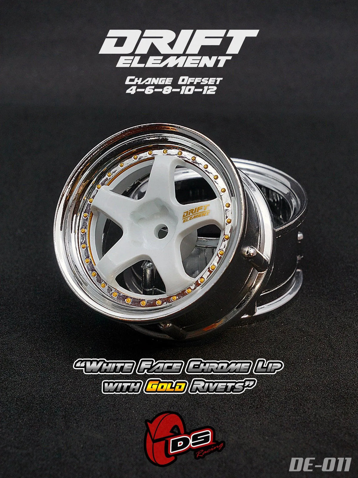 Jantes réglables Drift Elements en chromes et blanc avec visserie de marque DS Racing, vue de face avec détails des vis.