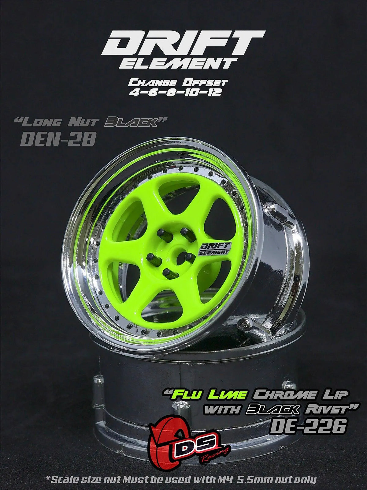 Jantes réglables Drift Elements DS Racing en citron, chrome et noir, pour voitures de drift, haute performance et style.