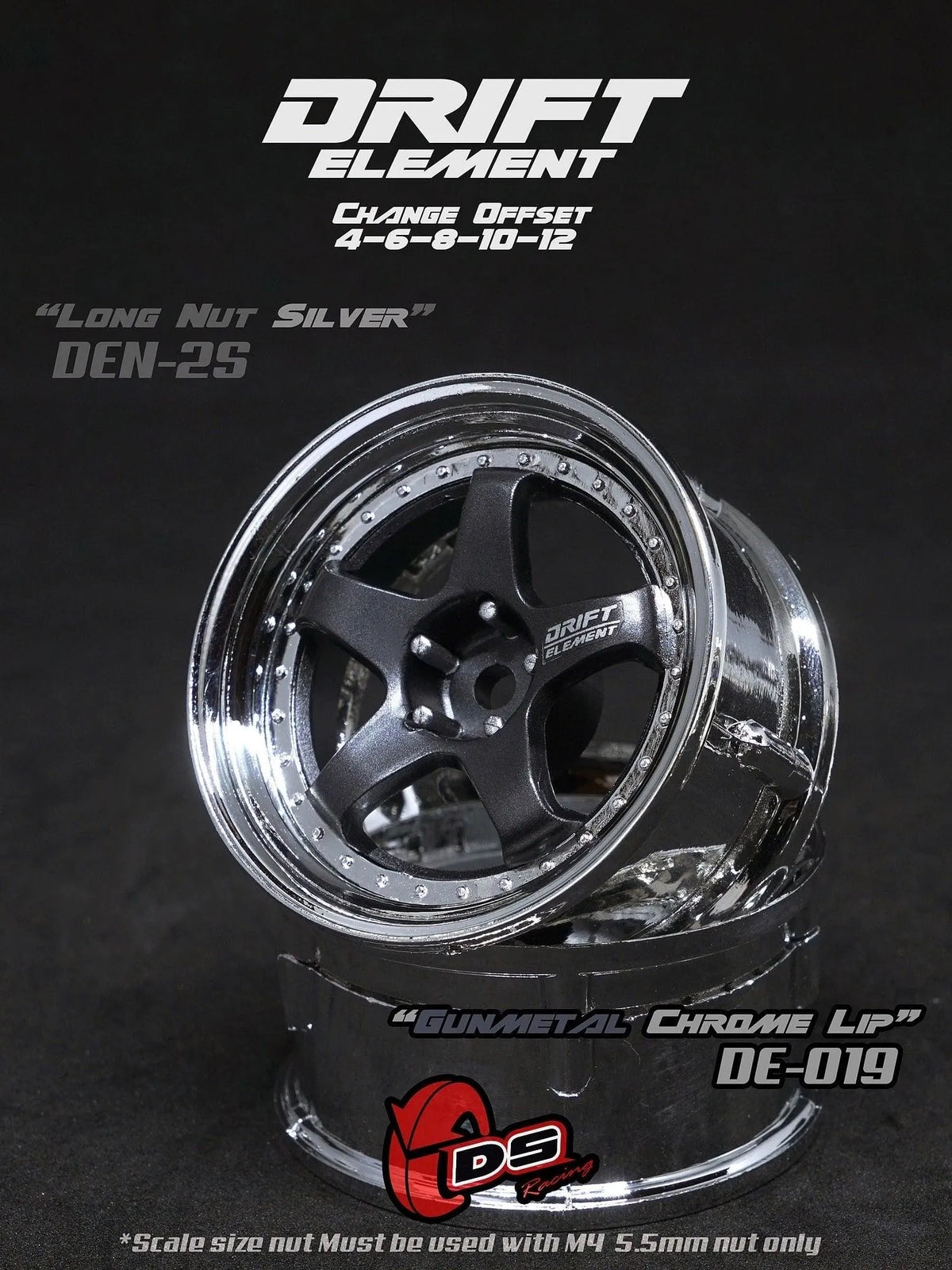 Jantes réglables Drift Elements en métal gun metal et chrome avec visserie chromée, conçues pour voitures de drift DS Racing.