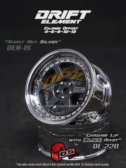 Roues réglables Drift Elements DS Racing en métal gun metal et chrome avec visserie noire, pour voitures de drift.