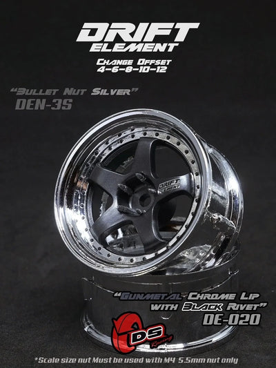 Jantes réglables Drift Elements Gun Metal/Chrome/visserie noire - DS Racing - DE-020