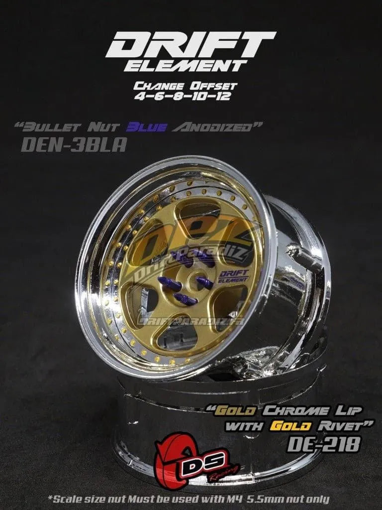 Jantes réglables Drift Elements en or et chrome avec visserie dorée pour voitures, par DS Racing.