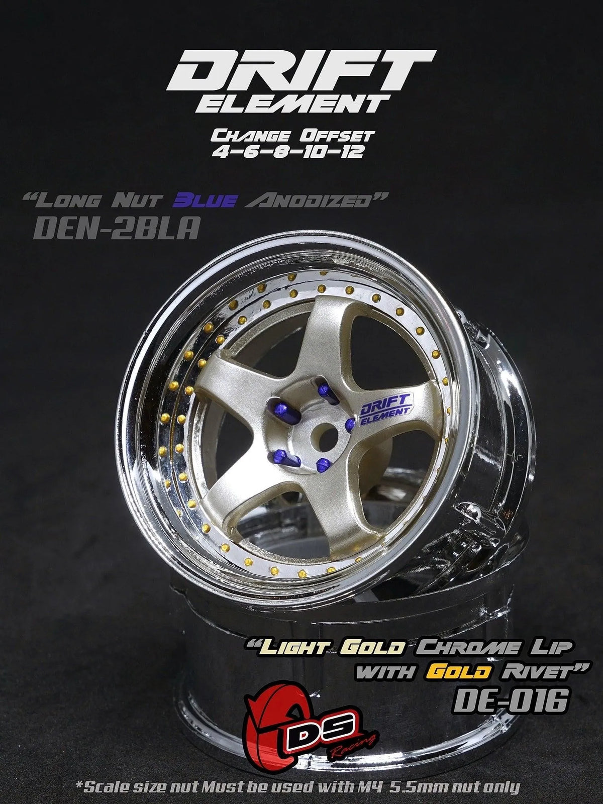 Jantes réglables Drift Elements DS Racing en or léger avec finition chrome et visserie or, pour voitures de drift.