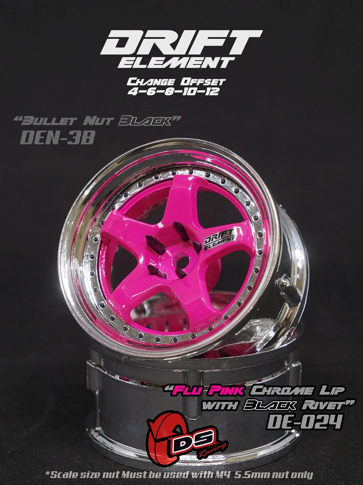 Jantes réglables Drift Elements DS Racing en rose, chrome et noir, avec design sportif pour voitures de drift.