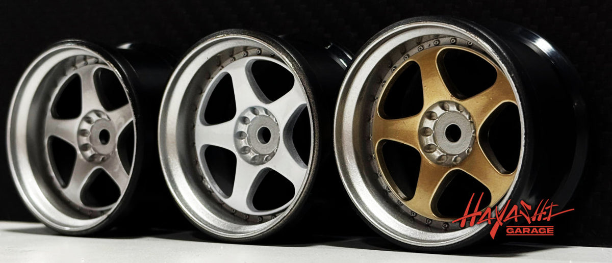 Jantes RIMS 5-STAR MULTI-PIECE style 1/10 gris argent avec décalage de 8 mm, fabriquées par HAYASHI GARAGE.