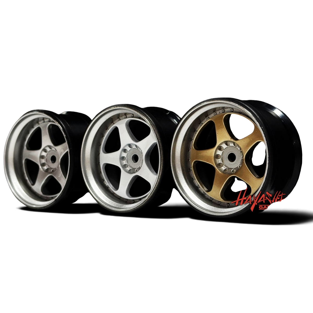 Jantes RIMS 5 étoiles en style multi-pièces, couleur or champagne, avec décalage de 8 mm, marque Hayashi Garage.