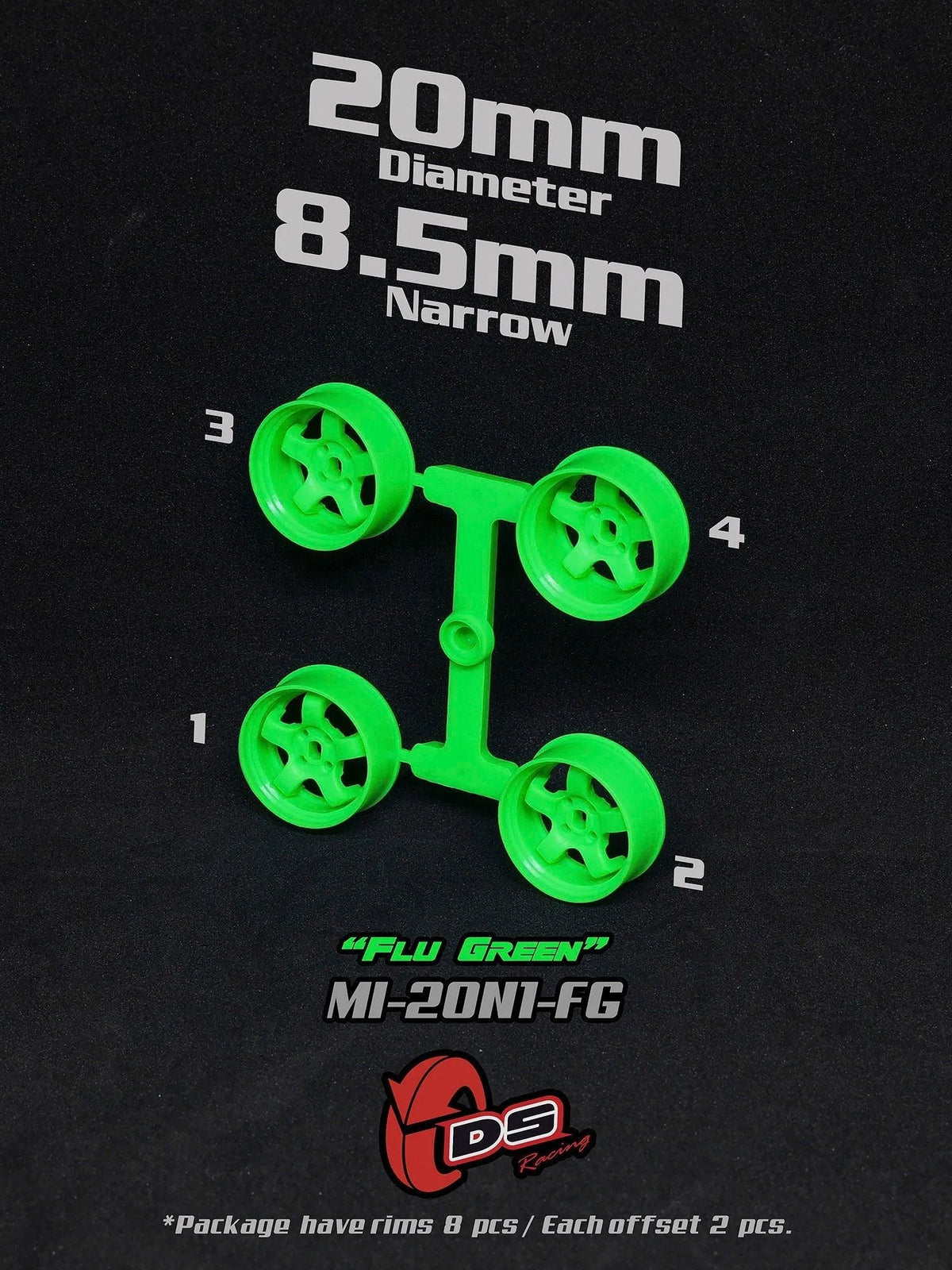 Jantes vertes Mini Z N DS Racing, 20mm de diamètre et 8,5mm d'épaisseur, pour voitures RC, vues de face.