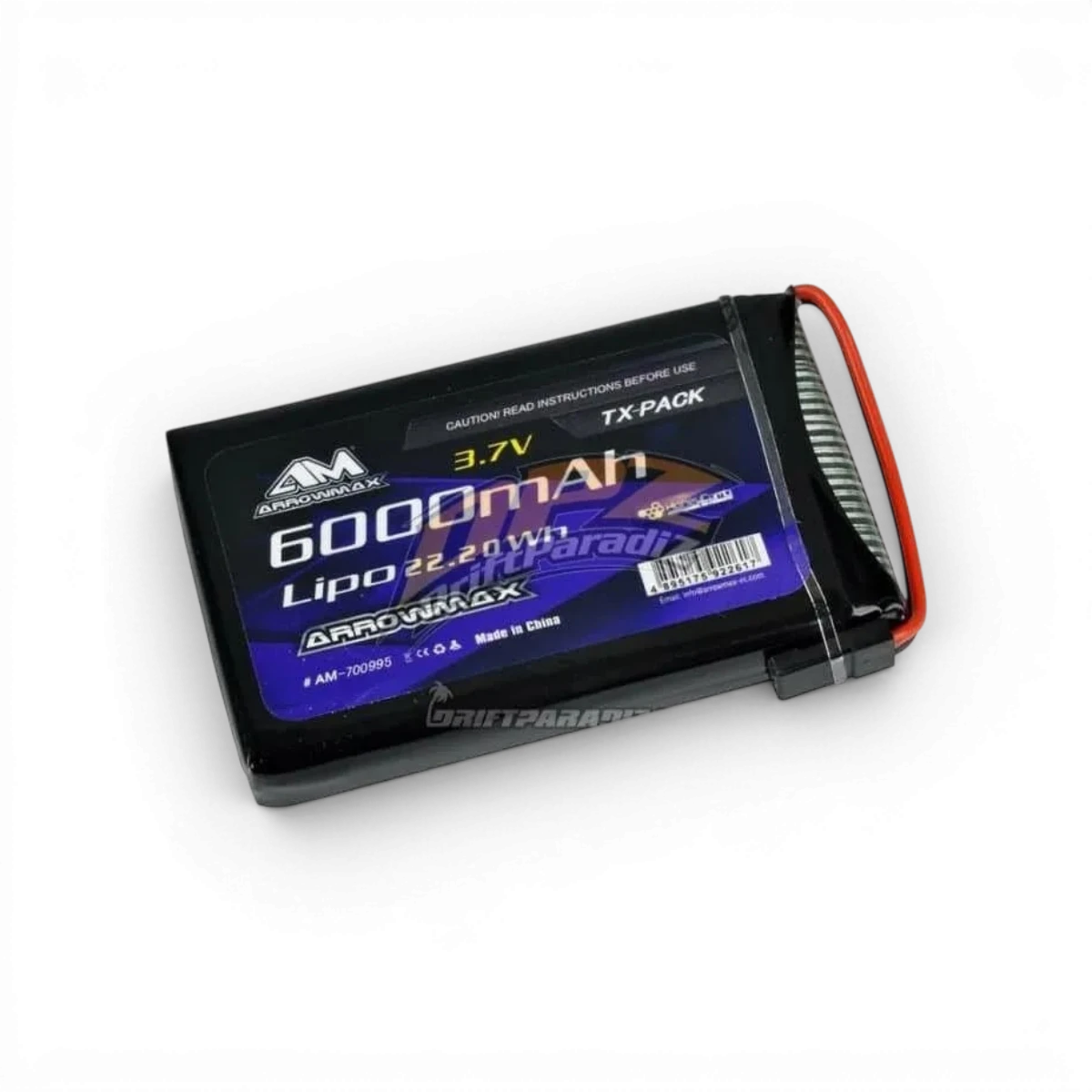 Batterie Lipo pour radio M17 6000mAh Sanwa, électronique Arrowmax RC, vue de face avec connecteurs et étiquette.