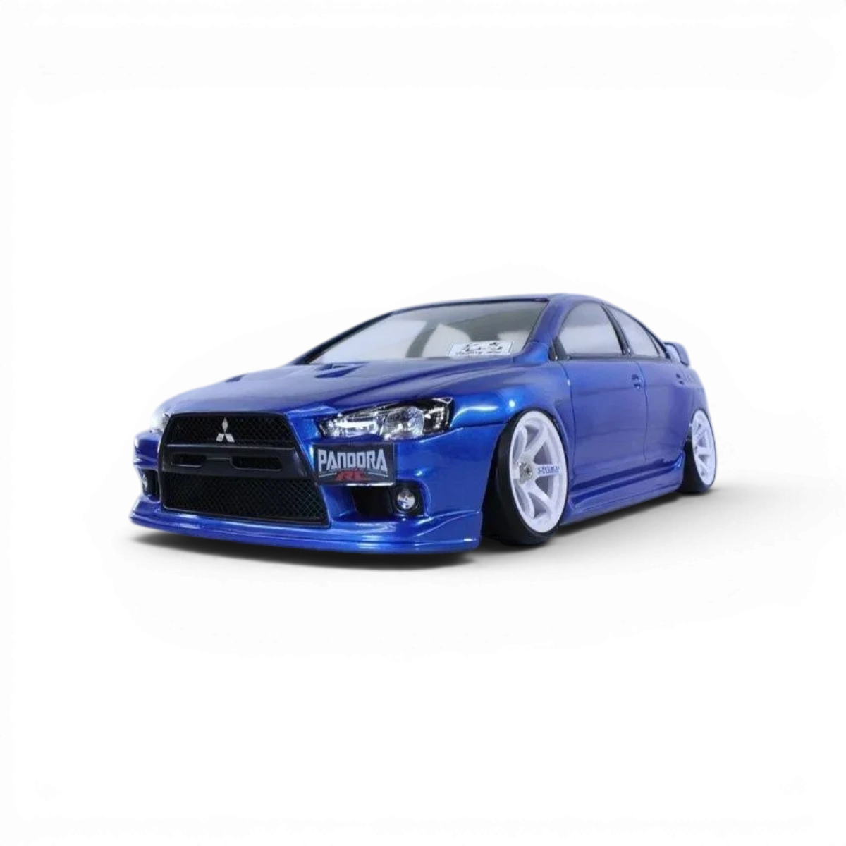 Carrosserie Mitsubishi Lancer Evo X de Pandora RC, modèle pour voiture télécommandée drift, vue de face avec détails colorés et design.