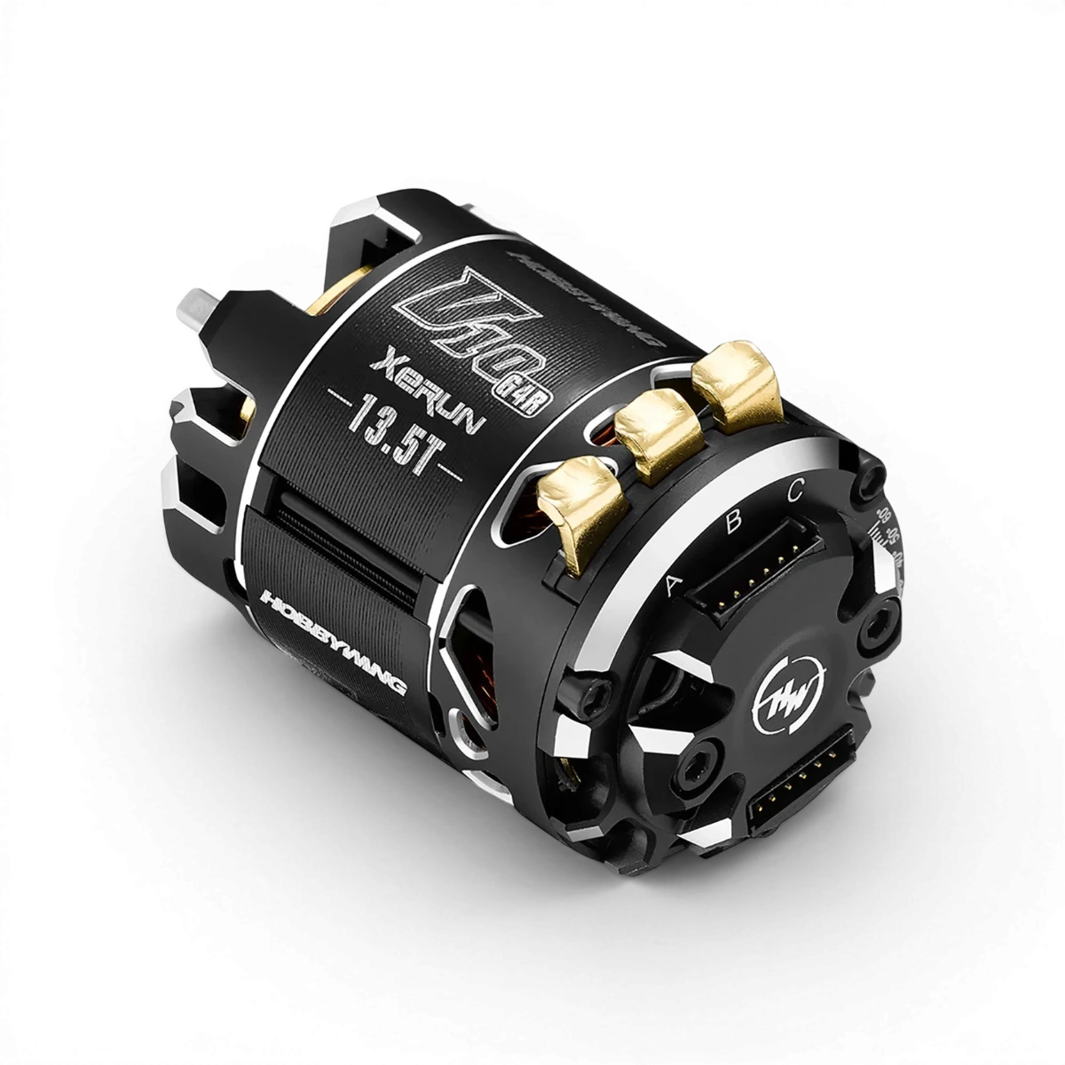Moteur brushless Xerun V10 G4R Hobbywing, sensored 13.5T pour voitures RC, vue en gros plan avec connecteurs et ventilation