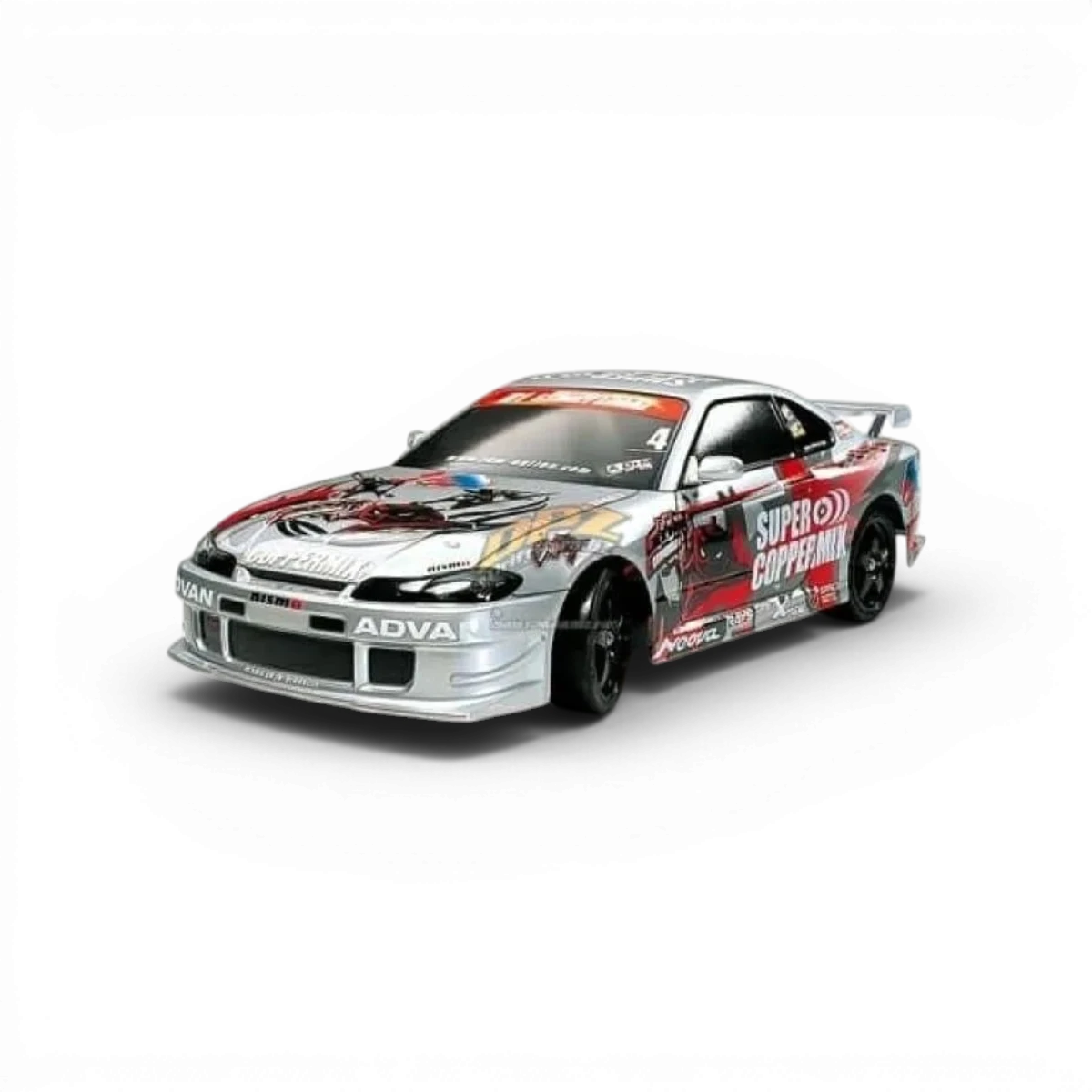 Modèle réduit de carrosserie Nissan Silvia S15 Tamiya, voiture de drift, vue de face avec détails colorés et logo Tamiya.