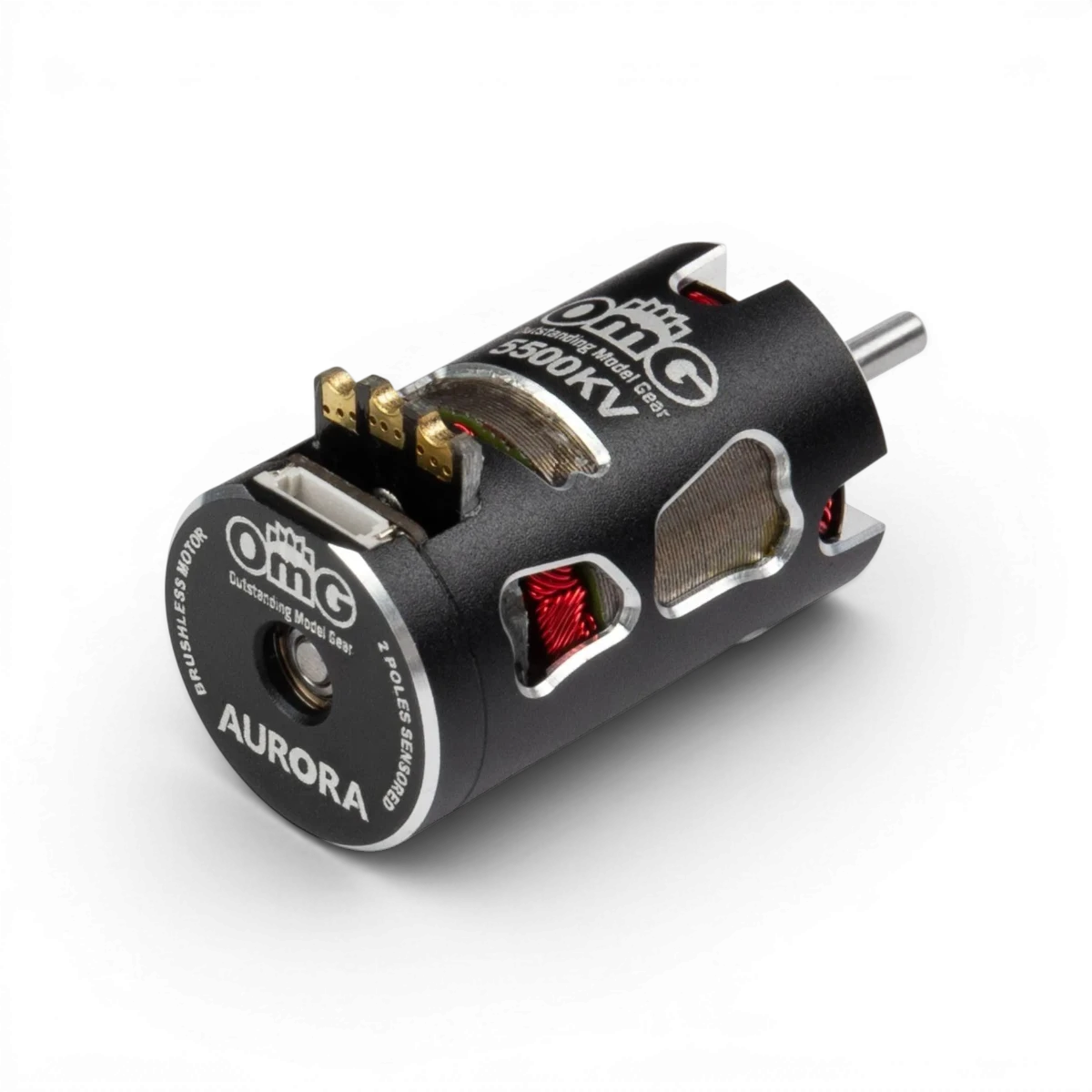 Moteur électronique OMG MT Aurora 5500KV S2, puissant, en noir, avec détails techniques visibles, conçu pour véhicules RC.