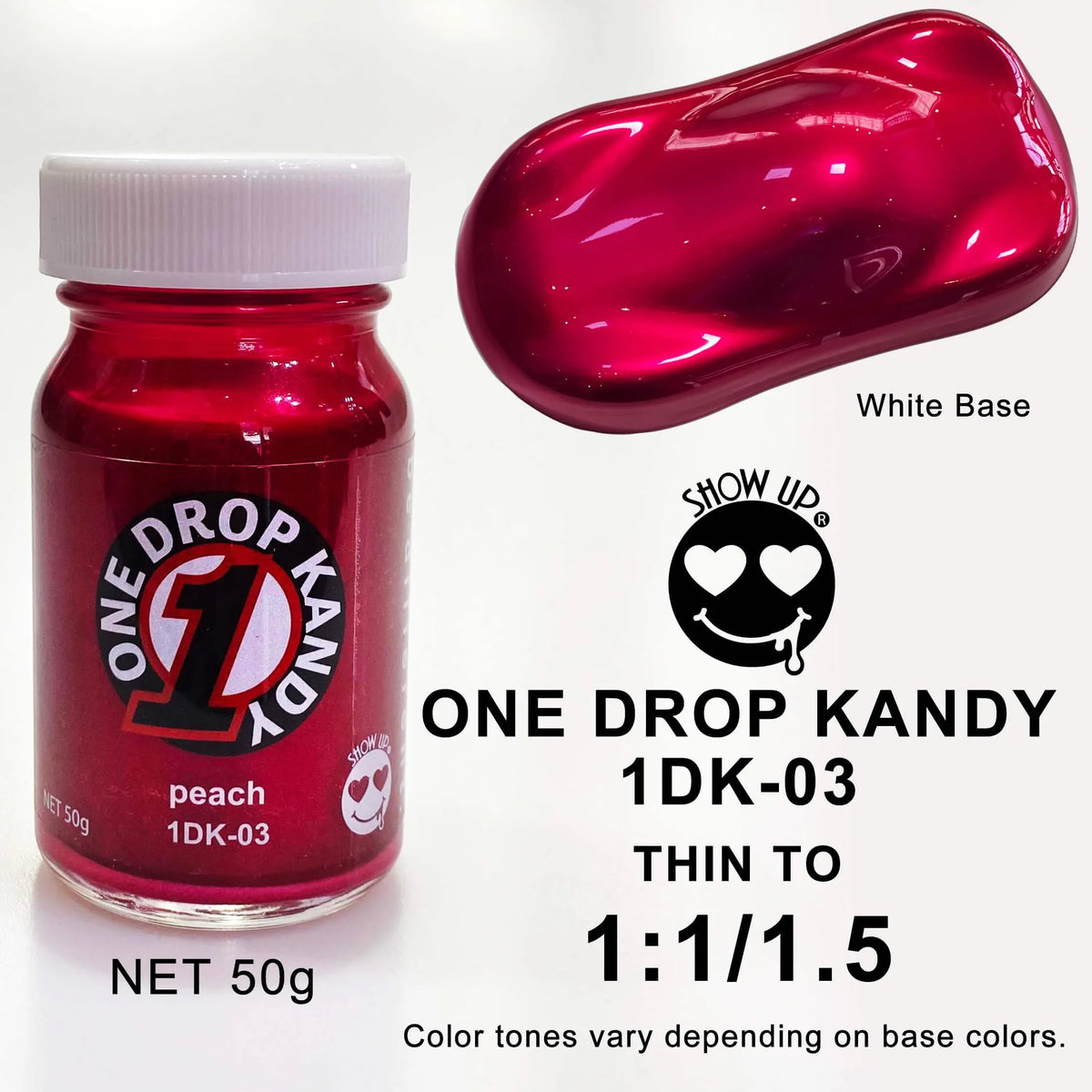 E-liquide ONE DROP KANDY Pêche de la marque Show UP dans un flacon avec étiquette colorée.