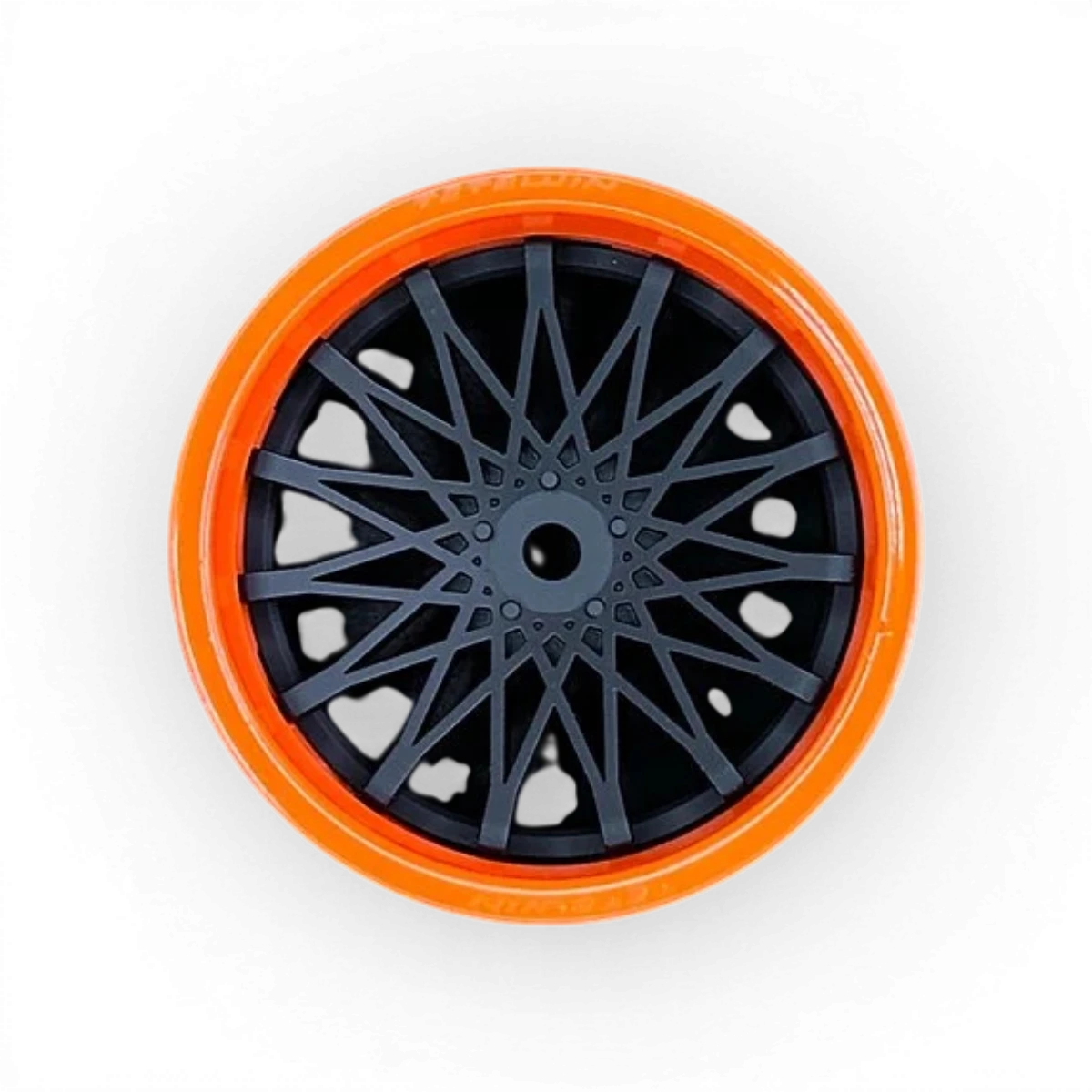 Deux roues Tetsujin orange brillant avec cercles et centres Dahlia, et disques noirs mats, parfaites pour vélo ou skateboard.