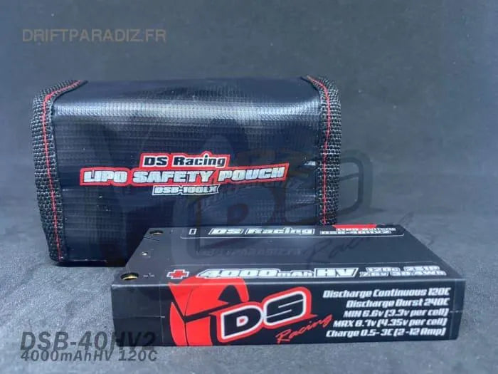 Pack batterie HV LiPo DS Racing 4000mAh 120C avec sac de protection, pour électronique et modélisme RC.