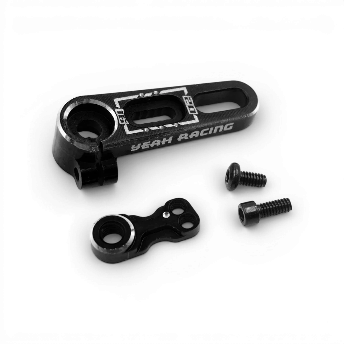Palonnier en aluminium 25T réglable pour servo, compatible avec véhicules RC, par Yeah Racing, montrant la pièce fixée et les réglages.