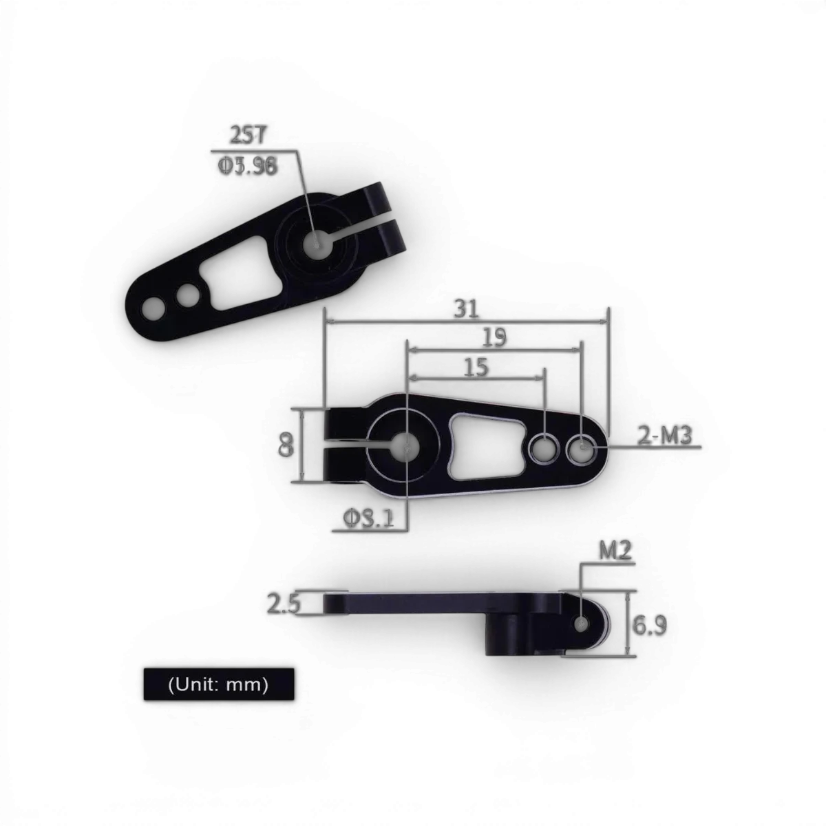 Palonnier servo en aluminium 25T de la marque OMG, utilisé en électronique pour radiocommandes et modèles réduits.