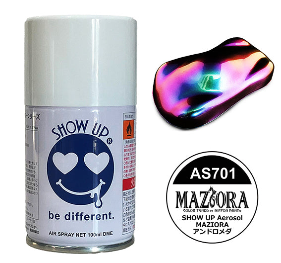 Aérosol de peinture Maziora Andromeda, 100ml, effet polarisé, marque Show UP, flacon avec étiquette colorée et pulvérisateur.