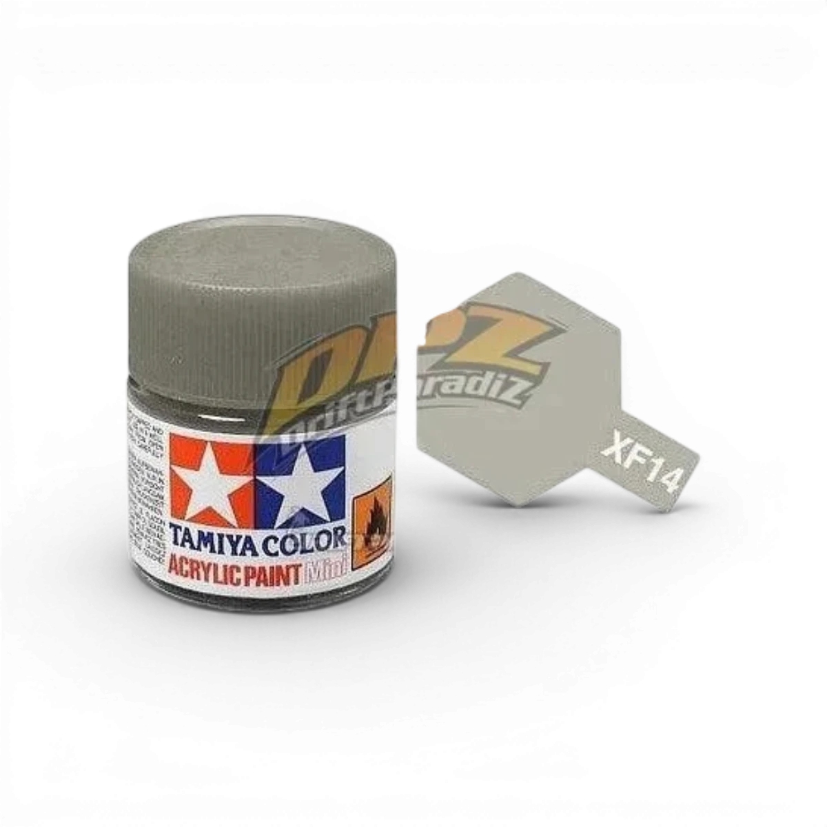Peinture gris armée japonaise XF14 de Tamiya, pot de peinture pour modèles réduits, vue en gros plan.