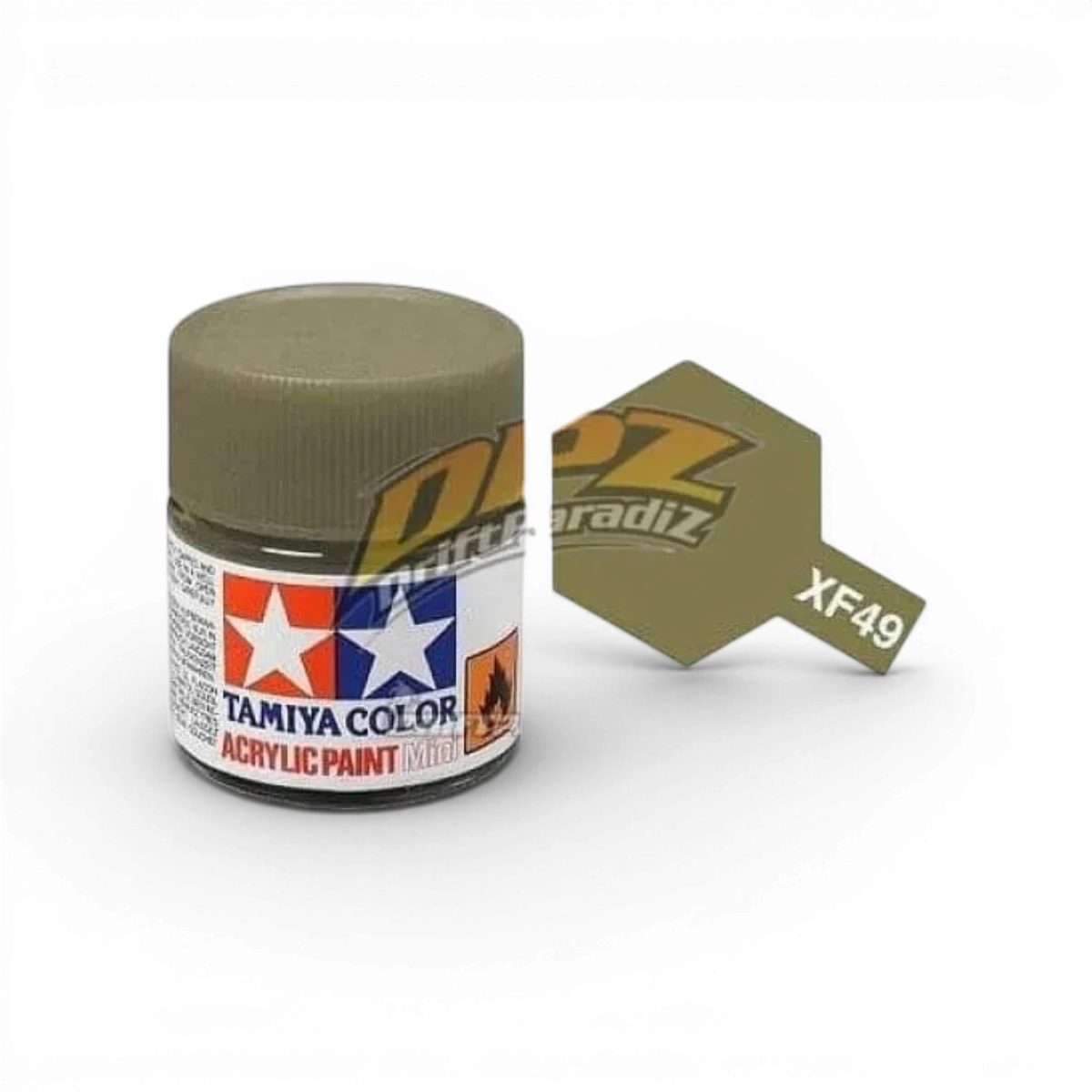 Peinture kaki matte XF49 de Tamiya, pot de peinture pour modélisme avec fini mat, visible en image.