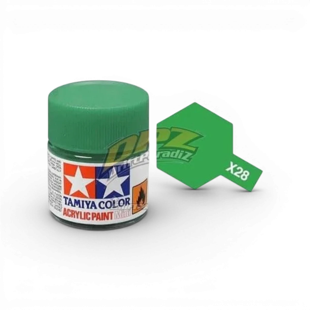 Peinture verte pré-brillant X28 de Tamiya, tube de peinture pour modélisme, vue rapprochée du produit.