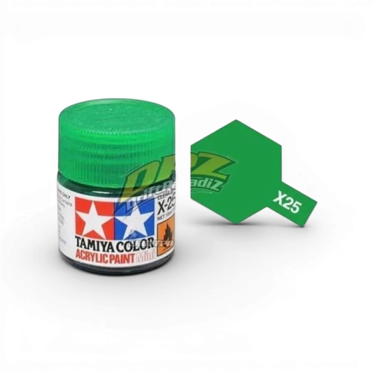 Peinture vert translucide brillant X25 de Tamiya, tube de peinture pour modèles et projets artistiques.