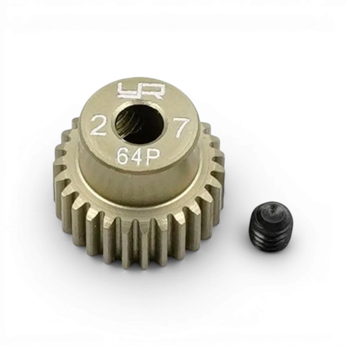 Pignon universel 1/10 de Yeah Racing, 27 dents, 64dp pour modèles RC, en métal noir avec engravings visibles.