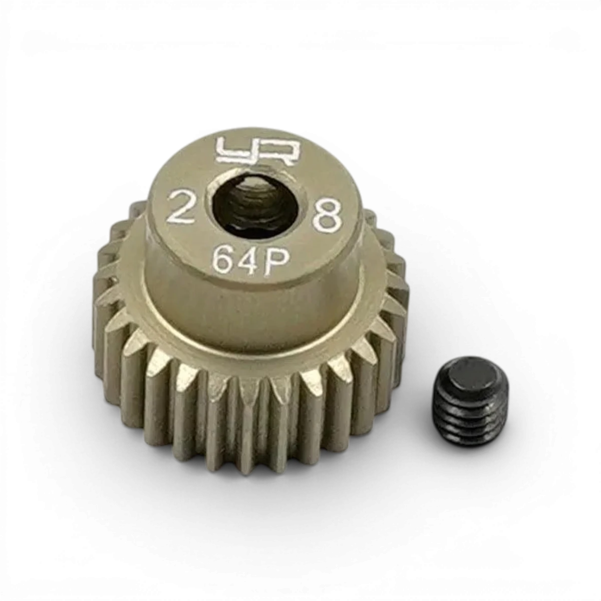 Pignon universel 1/10 pouces Yeah Racing, 28 dents, 64dp pour modèles RC, en métal noir avec engravures.