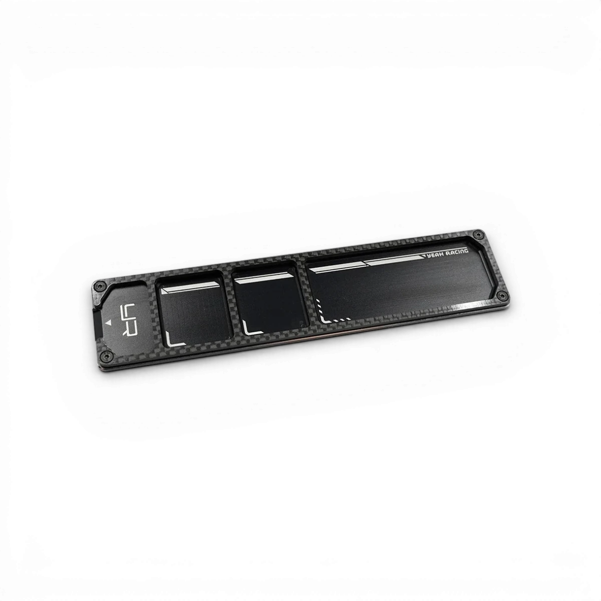 Plateau de rangement Slim en aluminium et carbone noir, accessoire de haute qualité de la marque Yeah Racing.