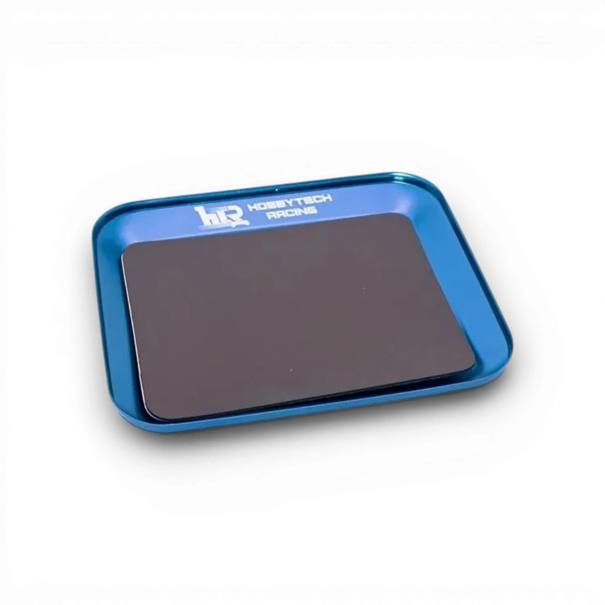Plateau magnétique en aluminium bleu 119x101mm, accessoire pour fixation ou organisation, vue de face avec surface magnétique.