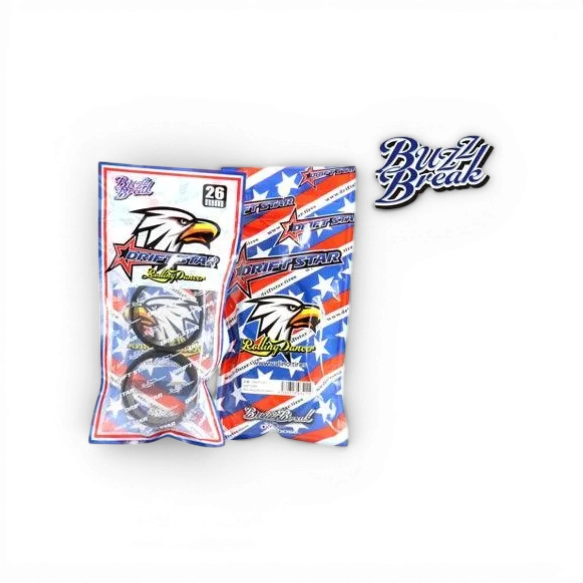 Roues Drift Star Rolling Dancer de BuzzBreak, pneus pour voitures de drift, avec design en caoutchouc noir et logo visible.