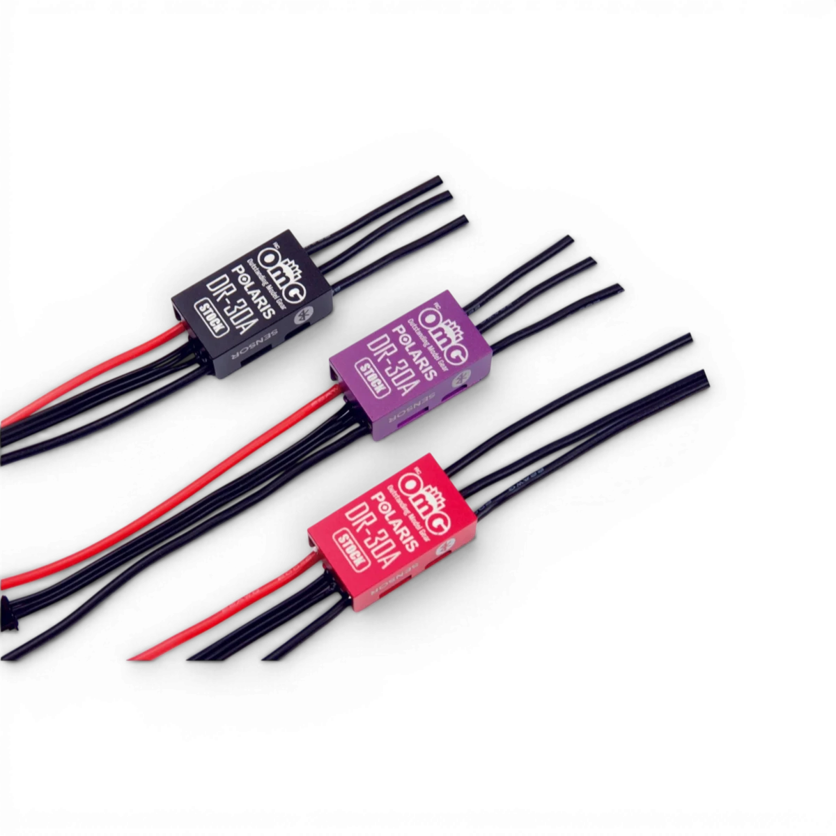 ESC sensored Polaris DR-30A de la marque OMG, électronique pour modélisme avec câbles et connecteurs visibles.