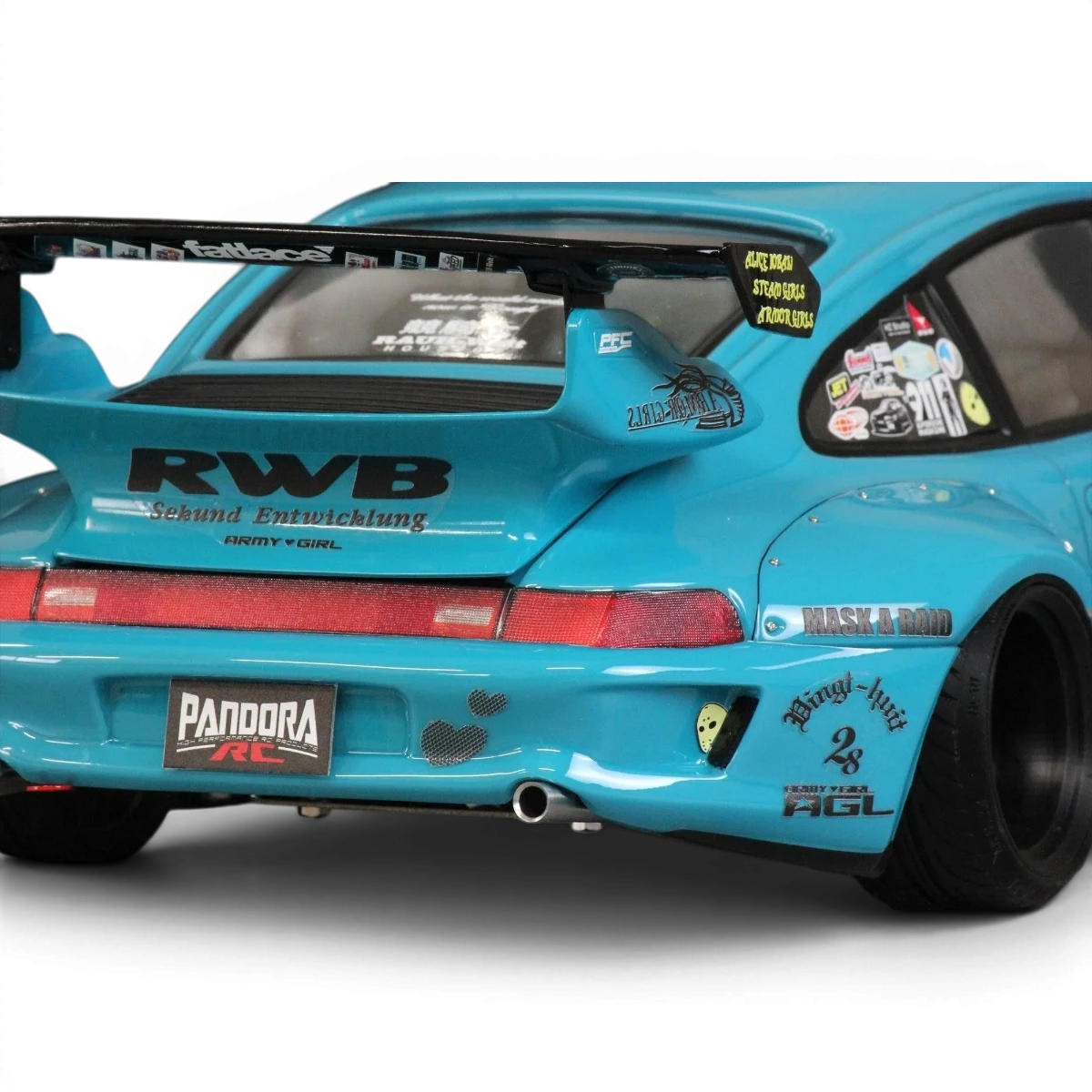 Voiture radiocommandée Porsche 911 RWB 993 Pandora RC, carrosserie détaillée avec finition réaliste et design sportif.