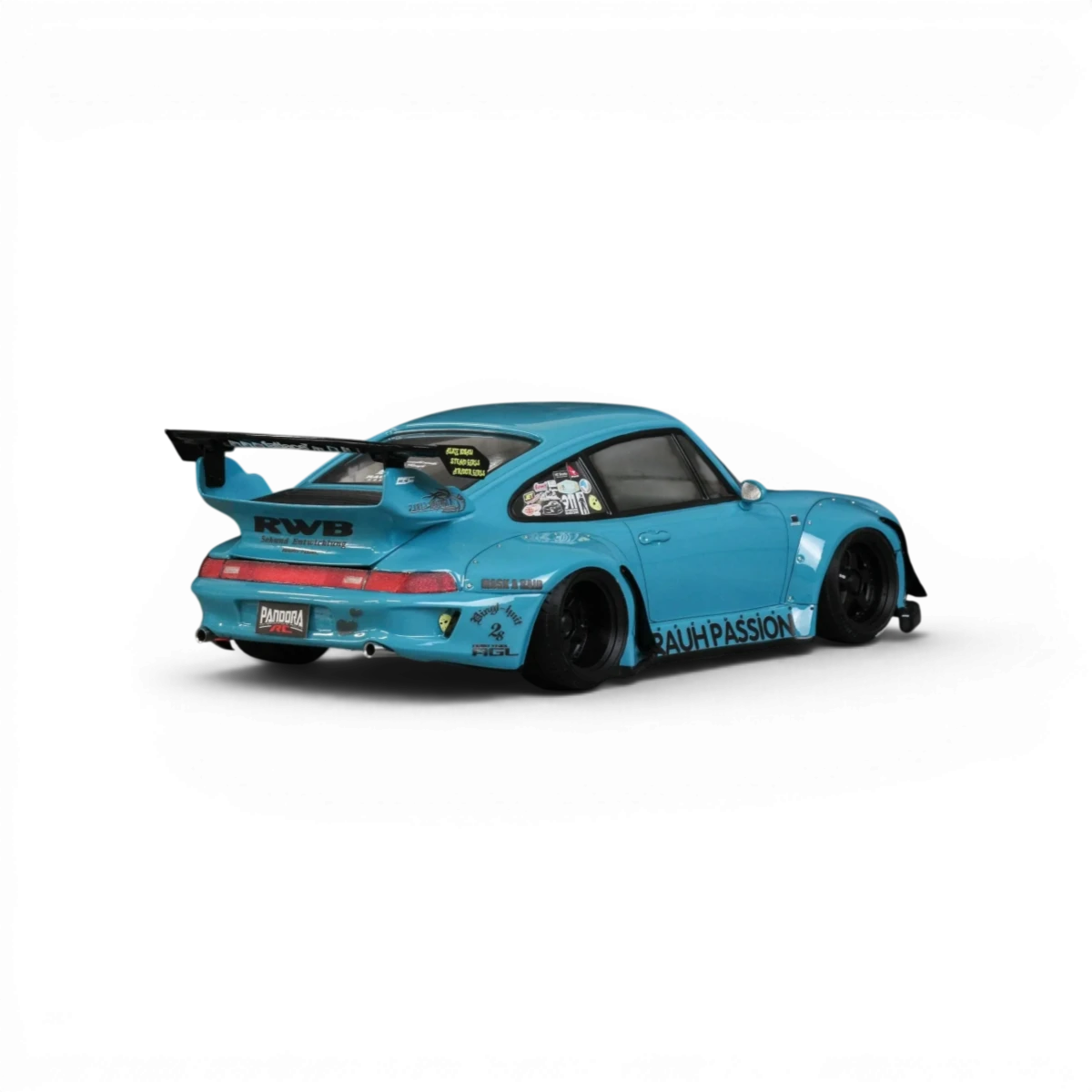 Modèle de voiture Porsche 911 RWB 993 Pandora RC avec carrosserie détaillée, vue de côté sur fond blanc.