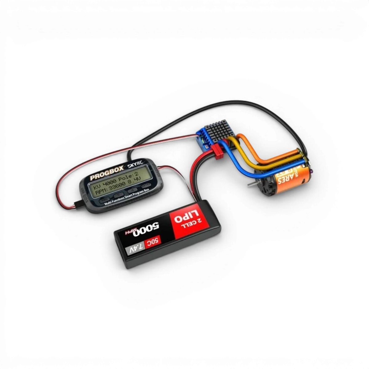 Boîte de programmation 6 en 1 de SkyRc, électronique, avec divers ports et boutons visibles.