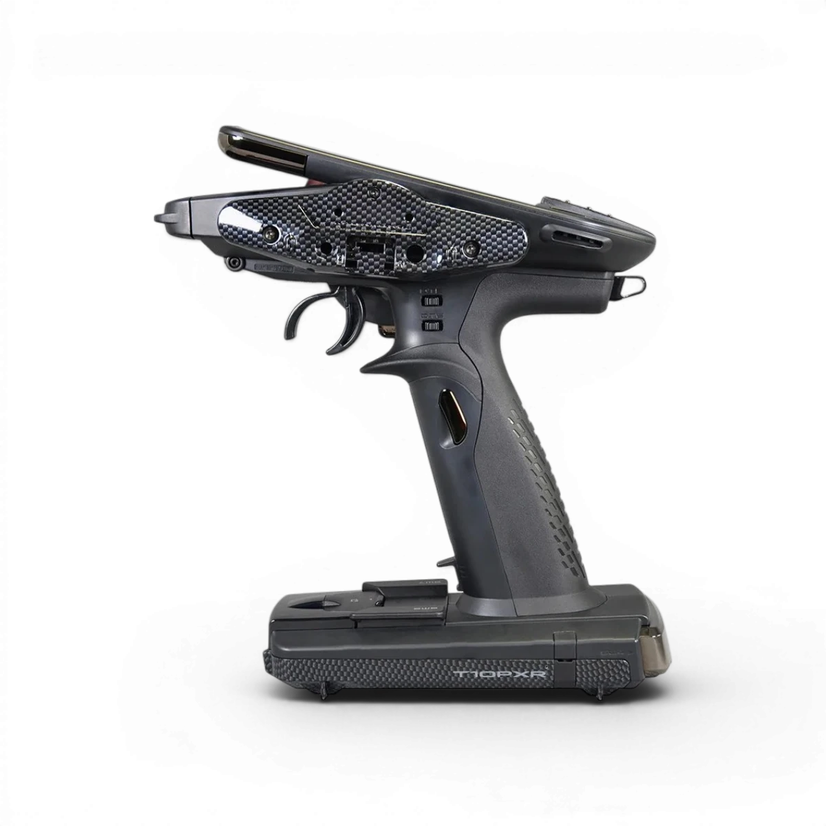 Radio Futaba 10PXR avec récepteur R404SBS-E, électronique de radiocommande, en noir avec écran et commandes visibles.