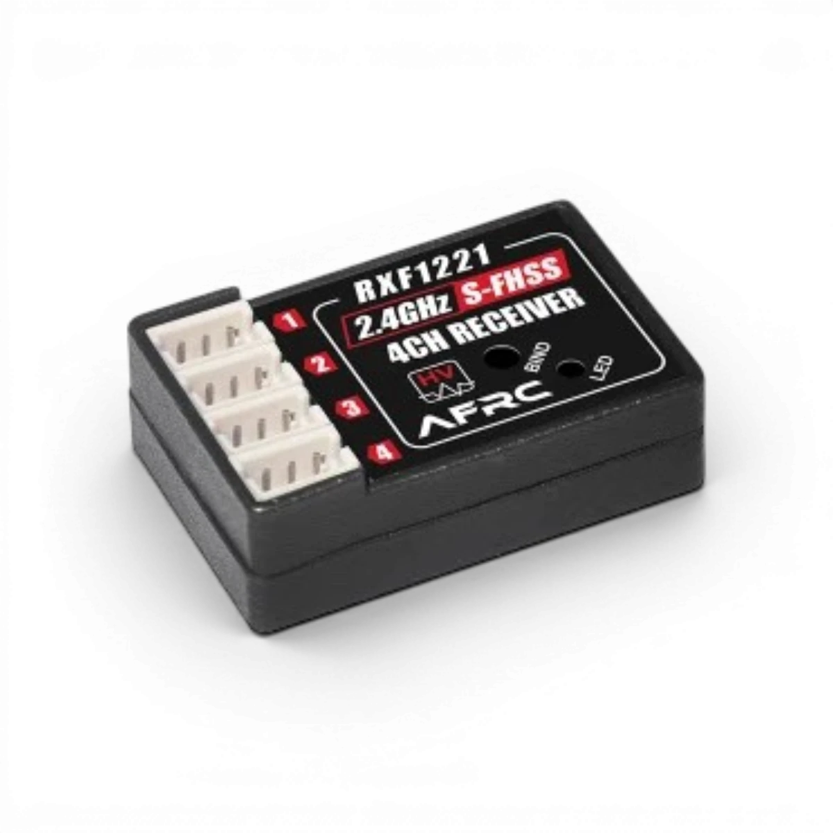 Récepteur électronique AFRC compatible FUTABA S-FHSS / TM-FH RF, vue de face avec connecteurs visibles.