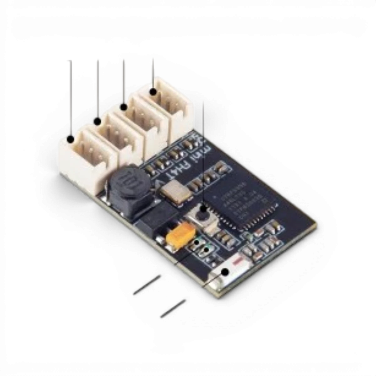 Récepteur électronique AFRC compatible FUTABA S-FHSS et TM-FH RF, avec connecteurs et indicateurs lumineux visibles.