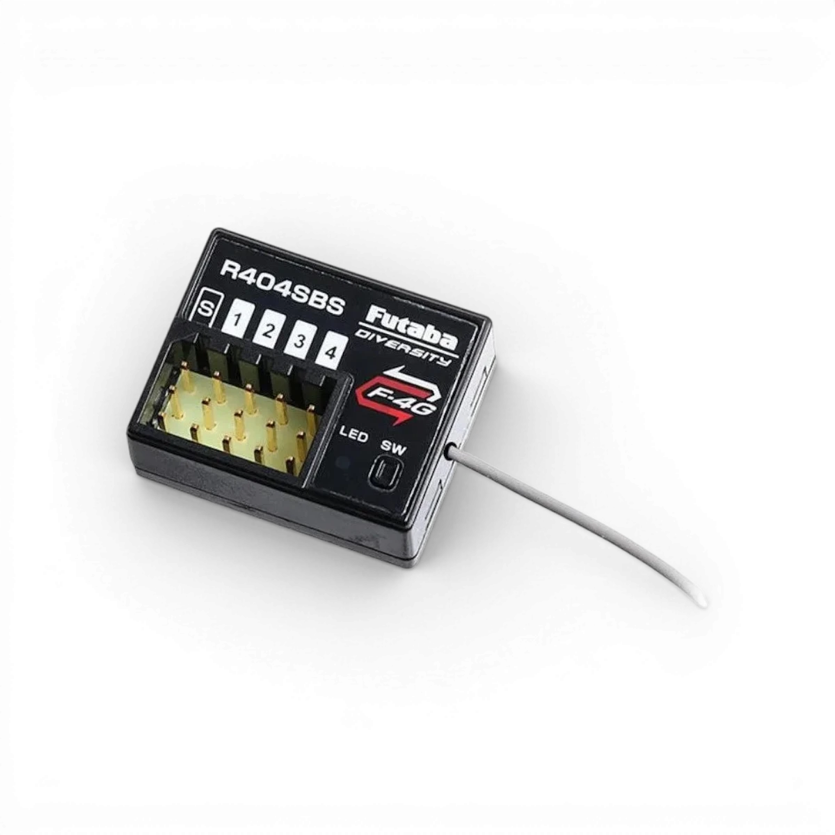 Récepteur électronique Futaba R404SB avec antenne, utilisé pour la radiocommande RC, en image.