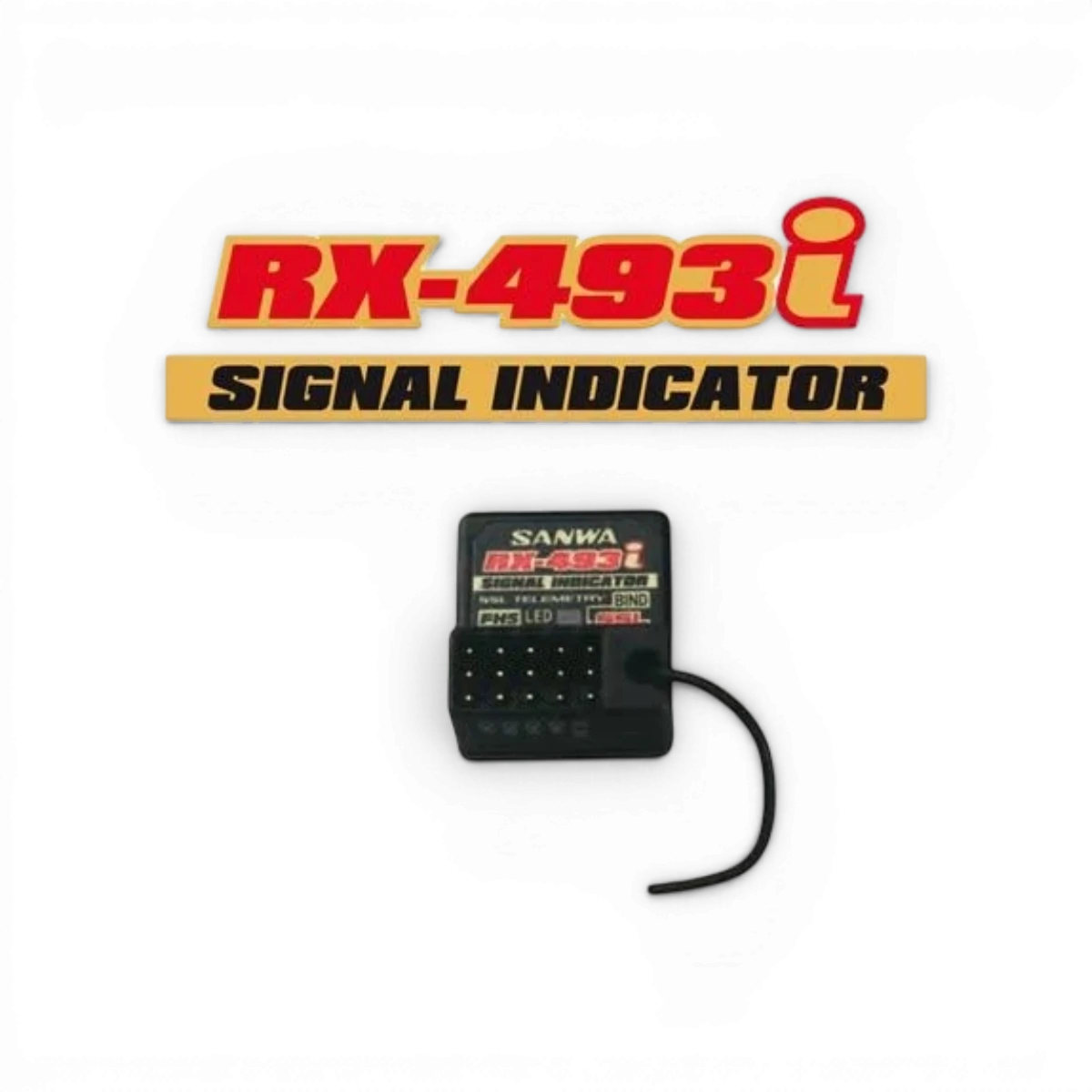 Récepteur SXR RX-493i Sanwa, électronique 4 voies, vue de face avec connecteurs et indicateurs lumineux.