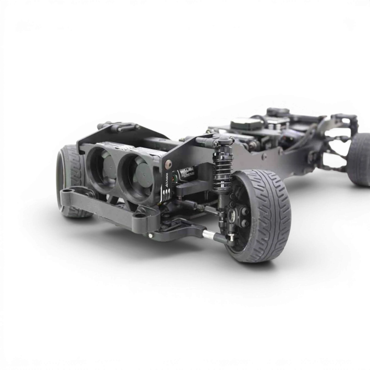 Kit châssis RC Drift RX-01 1/10 RWD de 240-280mm par Addiction RC Design, vue de face avec composants visibles