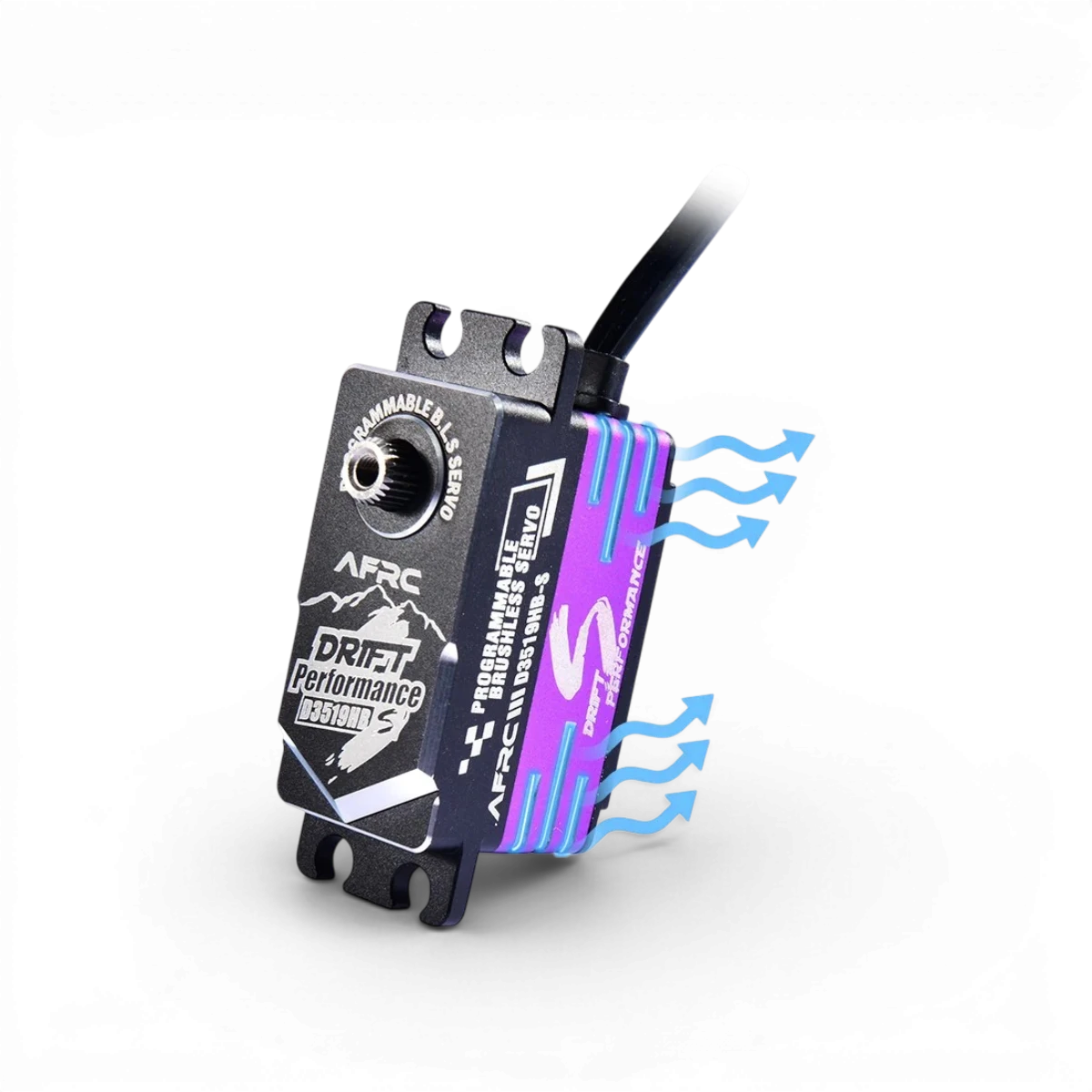 Servo HV brushless programmable AFRC D3519HB-S, composant électronique pour drones, visible avec câbles et connecteurs.