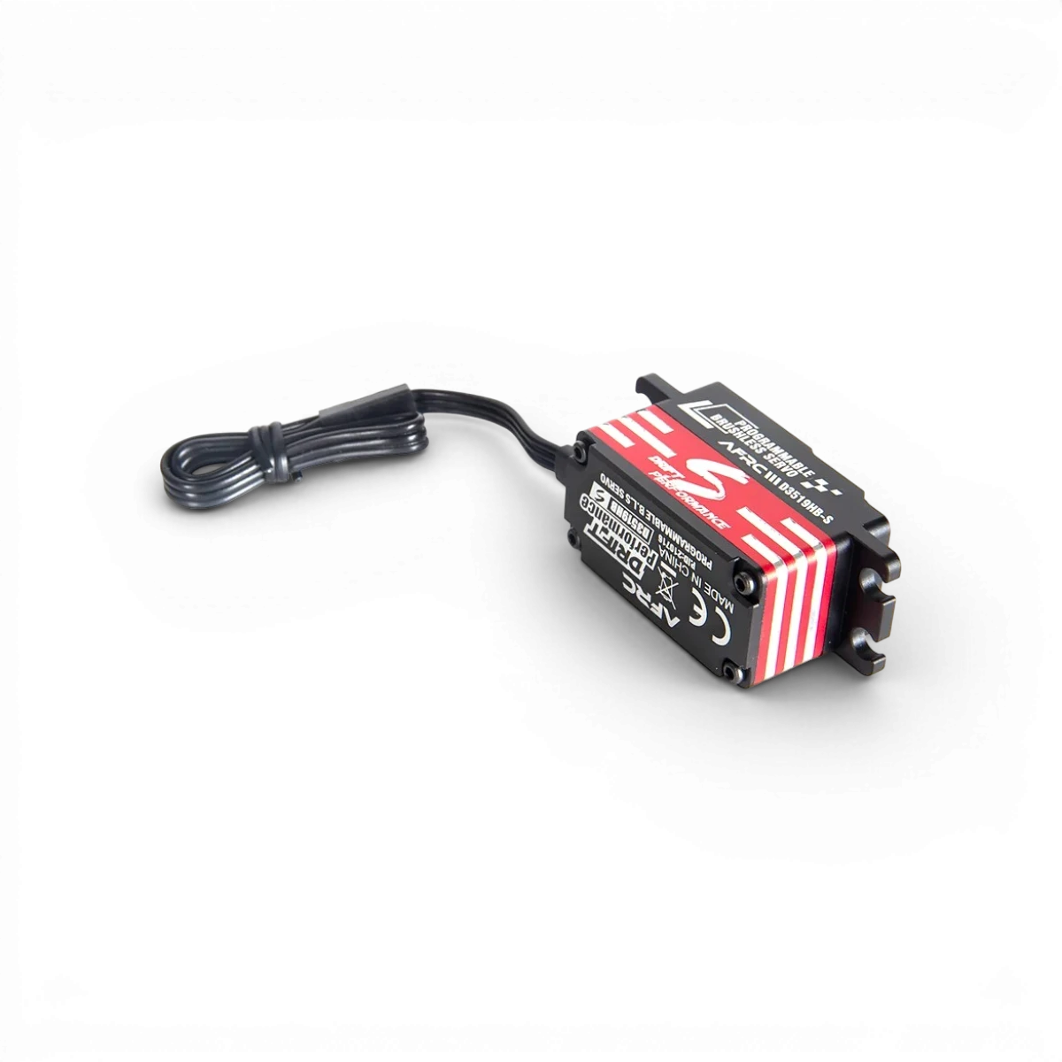 Servo HV brushless programmable AFRC D3519HB-S pour électronique, visible avec ses composants et connecteurs dans l'image.